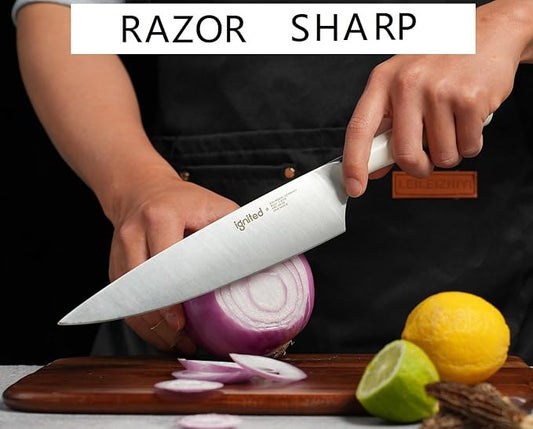 8 Inch Chef Knife – German Stainless Steel, Ergonomic Ivory White Handle, Ultra Sharp Kitchen Knife for Meat Vegetable Cutting, Ideal Gift for Chefs, Cooks