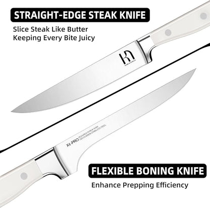 KnifeSaga Kitchen Knife Block Set, 15-Piece Enduring Ultra Sharp Knife Set, Japanese High Carbon Stainless Steel, Premium Forged Knives for Kitchen and Professional Chefs, White