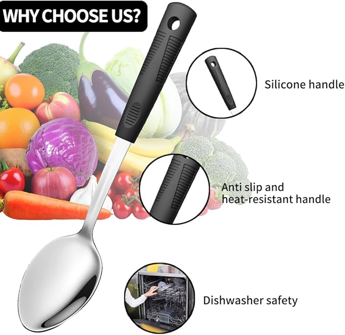 Metal Serving Spoons Set, Large Serving Spoons with Silicone Handles, Stainless Steel Serving Spoon, Slotted Spoon & Soup Ladle Set for Buffet and Home Kitchen (Black)