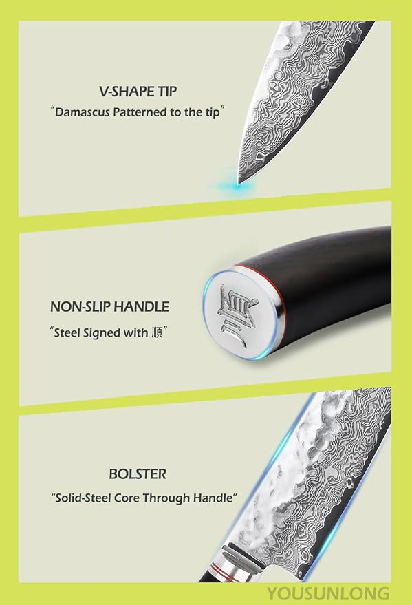 YOUSUNLONG Chef's Knife - 8 Inch Gyuto Kitchen knives - Razor Sharp Knife - Japanes Hammered Damascus Steel - Natural Ebony Handle with Leather Sheath