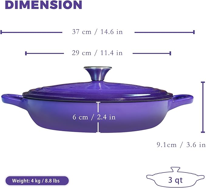 Flavehc Braiser Enameled Cast Iron Braiser 3 QT, Cast Iron Braiser Pan with Lid for Bread Baking, Soup & One Pot Meals, Small Shallow Dutch Oven Casserole for Oven & Induction, Purple