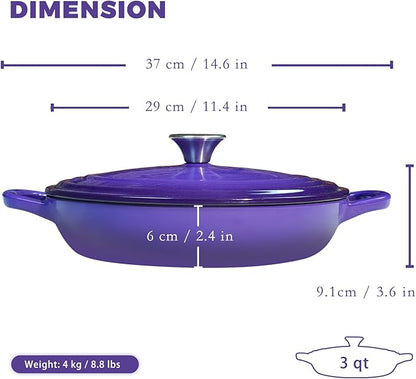 Flavehc Braiser Enameled Cast Iron Braiser 3 QT, Cast Iron Braiser Pan with Lid for Bread Baking, Soup & One Pot Meals, Small Shallow Dutch Oven Casserole for Oven & Induction, Purple