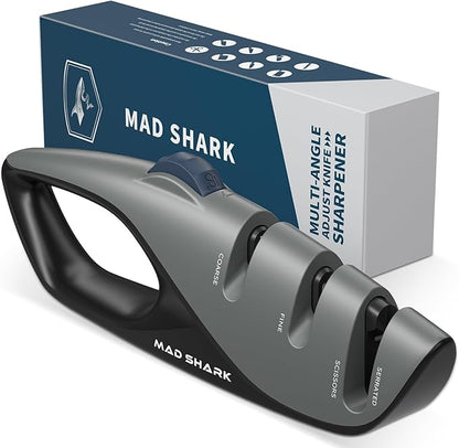 Mad Shark Kitchen Knife Sharpener - 5 Adjustable Sharpening Angle, Diamond Slot - Fine Honing, Design with Non-Slip Rubber Edge Grip, Knife Sharpener for Professional, Chef's Knives, Pocket, Scissors