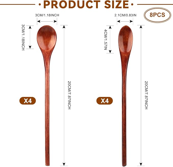 8 Pieces Wooden Spoons Set, 8 Inch Small Wooden Spoons for honey, Long Handle Mixing Teaspoon, Handmade Wood Coffee Spoon, Tiny Stirring Spoon for Kitchen Desserts Tasting