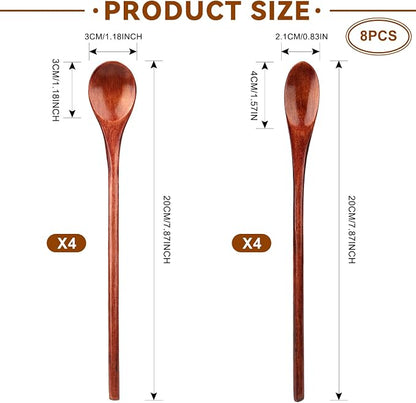8 Pieces Wooden Spoons Set, 8 Inch Small Wooden Spoons for honey, Long Handle Mixing Teaspoon, Handmade Wood Coffee Spoon, Tiny Stirring Spoon for Kitchen Desserts Tasting