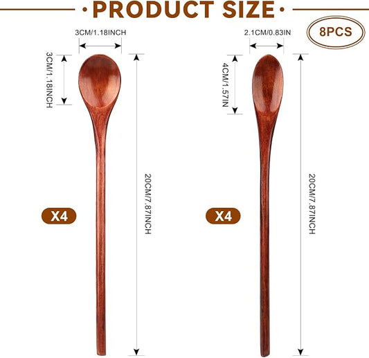 8 Pieces Wooden Spoons Set, 8 Inch Small Wooden Spoons for honey, Long Handle Mixing Teaspoon, Handmade Wood Coffee Spoon, Tiny Stirring Spoon for Kitchen Desserts Tasting