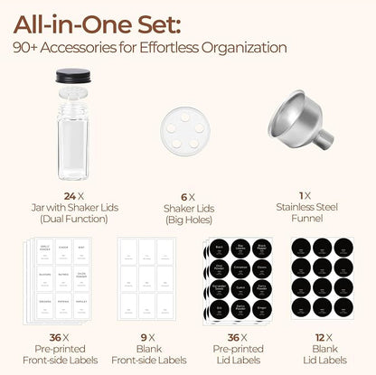 ComSaf Aesthetic Minimalist Glass Spice Jars with Labels, 24Pcs 4oz Empty Spice Containers with 93 Labels, Metal Funnel, Extra Shaker Lids, Square Spice Bottles for Kitchen Organization
