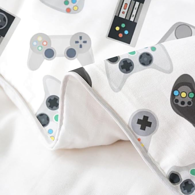 Castle Fairy Teens Gaming 100% Nature Cotton Bedding Set Twin Size Kids Video Game Gamepad Duvet Cover with 1 Pillow Sham Gamer Controller Comforter Cover Set Decorative 2 Pcs