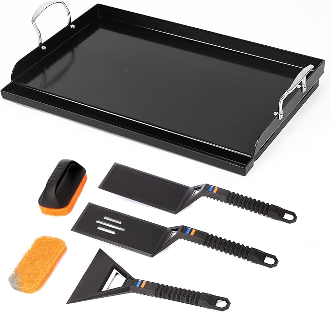 Cast Iron Griddle for Gas Grill with 5-Piece Silicone Griddle Tool Kit 25" x 16" Nano-Ceramic Nonstick Grill Griddle for Gas Charcoal Grills Flat Top Grill Accessories with Stainless Steel Core Tools