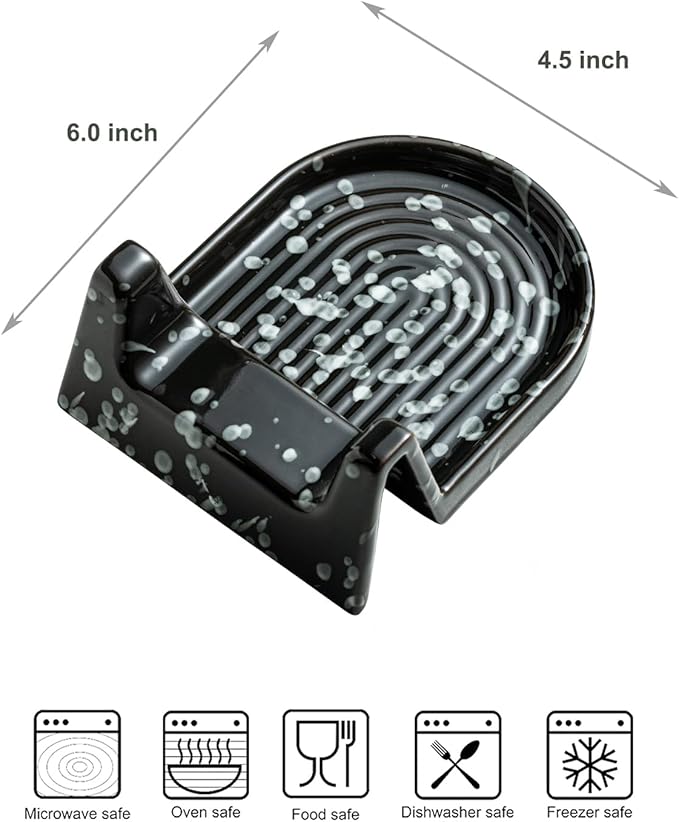 Ceramic Spoon Rest for Countertop Heat-Resistant Spoon Rest with Slot Easy for Tong and Spoon Kitchen Gadgets & Kitchen Utensils Holder, Black with White Splash
