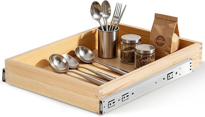 Wooden Pull Out Cabinet Organizer for Kitchen Fully Assembled 15" W x 21" D x 3" H Solid Wood Drawer with Soft Close Slides Bottom or Side Mount for Pantry Bathroom Bedroom Dining Room Storage