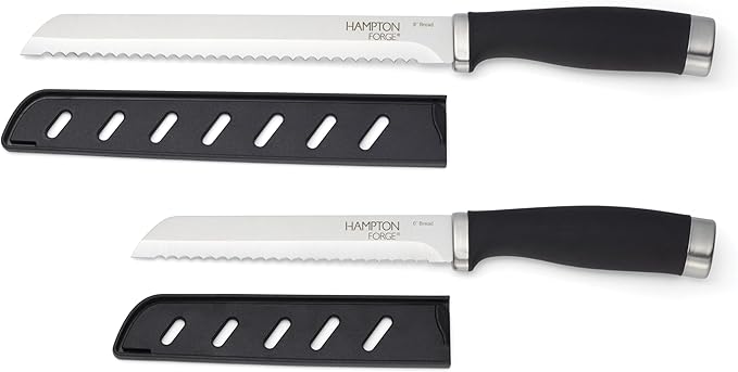 Hampton Forge Silverware Set, Epicure Bread Knives 2 Piece, Stainless Steel Material, Hand Wash, Kitchen Utensils, Cutlery Set, Kitchen Knives, Blade Guards, Slip Resistant (Black/Silver, 2 Pieces)