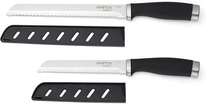 Hampton Forge Silverware Set, Epicure Bread Knives 2 Piece, Stainless Steel Material, Hand Wash, Kitchen Utensils, Cutlery Set, Kitchen Knives, Blade Guards, Slip Resistant (Black/Silver, 2 Pieces)