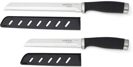 Hampton Forge Silverware Set, Epicure Bread Knives 2 Piece, Stainless Steel Material, Hand Wash, Kitchen Utensils, Cutlery Set, Kitchen Knives, Blade Guards, Slip Resistant (Black/Silver, 2 Pieces)