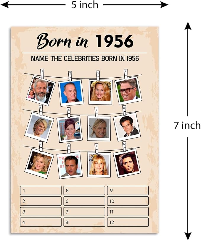 QUPT 70th Birthday Party Games, Set of 2 Activities for 15 Guests, Born in 1956 Games Bundle, Birthday Party Supplies for Adults, Pack of 30 Cards