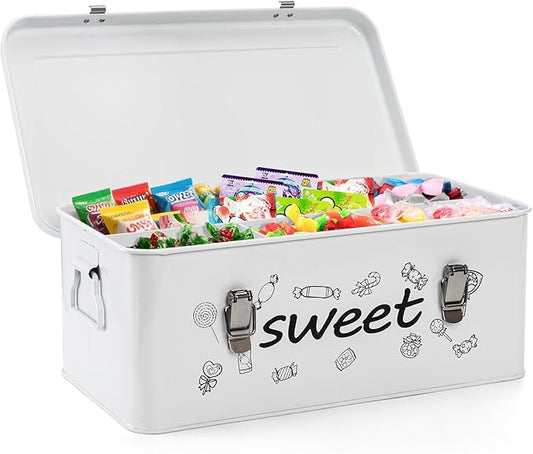 Frcctre Candy Storage Box, 4 Compartments Metal Candy Cookies Snacks Storage Tin Box with Lid Food Storage Container Farmhouse Kitchen Pantry Canister with Handle and Safety Lock