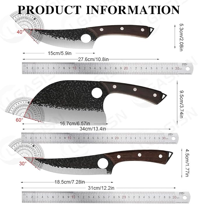 6PCS Hand Forged Kitchen Knife Set, High Carbon Steel Chef Knives with Wenge Wood Handle, Sharp Cleaver & Butcher Knives Set for Kitchen Cooking, Hammered Blade, Leather Sheaths Included