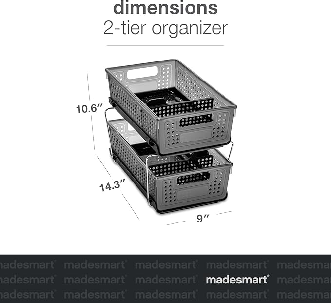 madesmart 2-Tier Organizer Multi-Purpose Slide-Out Storage with Handles and Dividers for Home and Bath, Pack of 4, Carbon