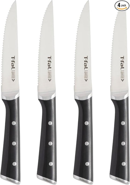 T-Fal Ice Force German Stainless Steel Steak Knife Set 4 Piece, Long Lasting Sharpness, High Cutting Precision, Superior Durability, Ultra Sharp Blades, Cookware Kitchen Knife, Cook Tool, BBQ, Black‌