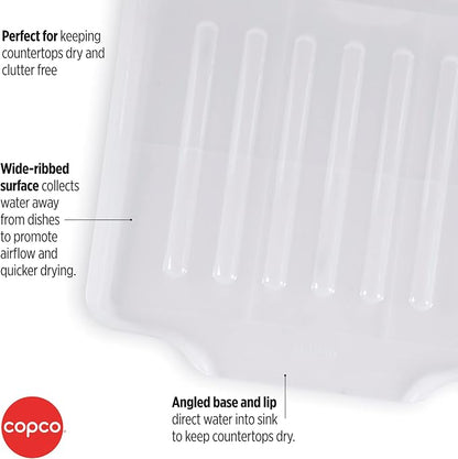 Copco Small Clear Drain Board Fits Under Any Small Dish Rack to Catch Water or for Larger Pots Alone, Angled Base Allows for Self Draining with Raised Ribs to Prevent Water from Puddling