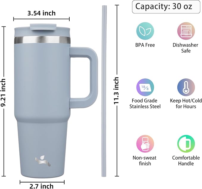 Konokyo 30 oz Tumbler with Handle and 2 Straws,2 in 1 Lid Insulated Water Bottle Stainless Steel Travel Coffee Mug,Lavender