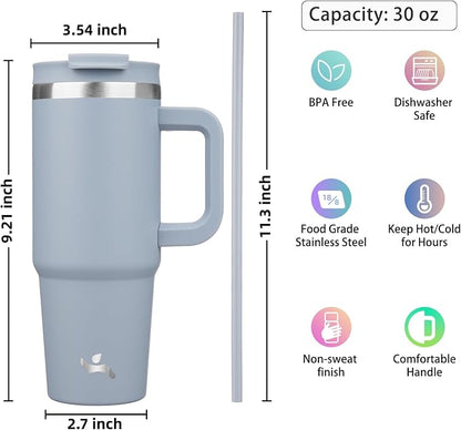 Konokyo 30 oz Tumbler with Handle and 2 Straws,2 in 1 Lid Insulated Water Bottle Stainless Steel Travel Coffee Mug,Lavender