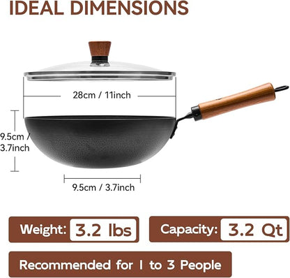 WANGYUANJI 11 Inch Round Bottom Iron Wok, Hand-Hammered Uncoated Wok with Wooden Handle, Traditional Stir-Fry Pan for Gas Stove or Wok Ring, Not for Flat Cooktops