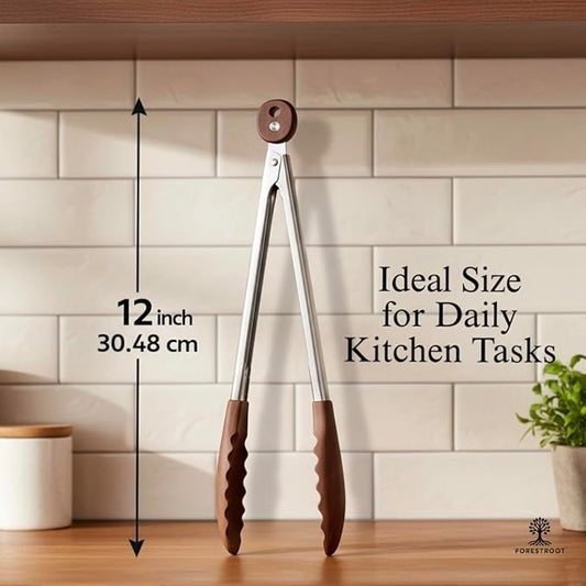 Walnut Wood Kitchen Tongs – 12-Inch Nonstick-Safe Wooden Salad & Grill Tongs for Cooking, Serving, BBQ, and Tossing Salad – Durable Stainless Steel Core with Natural Wooden Tips
