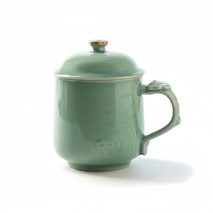 Panda Bamboo Relief Ceramic Tea Mug with Lid, 12oz Handmade Longquan Celadon — Loose Leaf Tea Cup, Cute Unique Gift for Women, Tea Lovers Gift, Gift Box