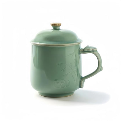 Panda Bamboo Relief Ceramic Tea Mug with Lid, 12oz Handmade Longquan Celadon — Loose Leaf Tea Cup, Cute Unique Gift for Women, Tea Lovers Gift, Gift Box
