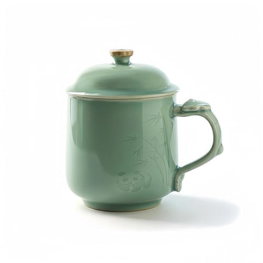 Panda Bamboo Relief Ceramic Tea Mug with Lid, 12oz Handmade Longquan Celadon — Loose Leaf Tea Cup, Cute Unique Gift for Women, Tea Lovers Gift, Gift Box