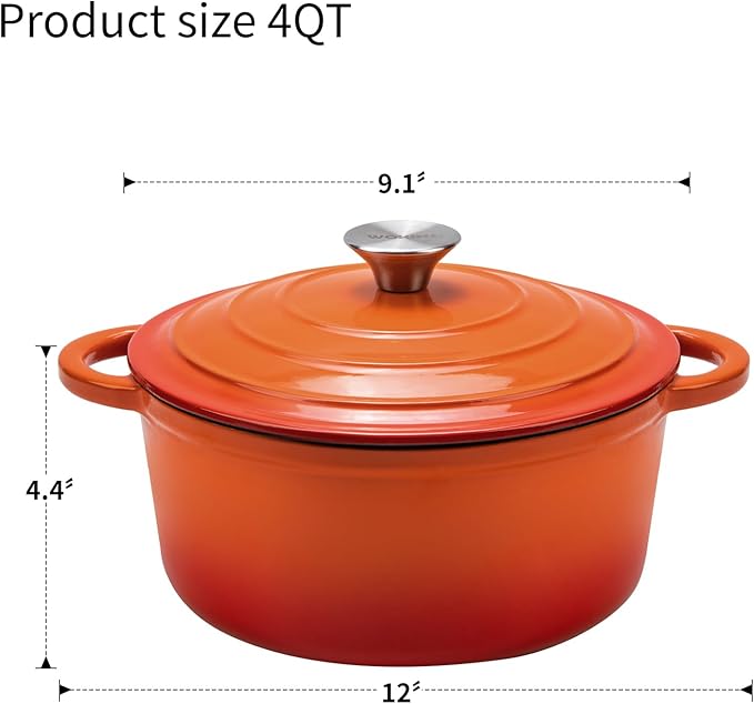 Enameled Cast Iron Dutch Oven - 4QT Pot with Lid,Oven Safe to 500°F,Heavy-Duty Cookware for Sourdough Bread Baking,Braising,Stews,Roasting Orange