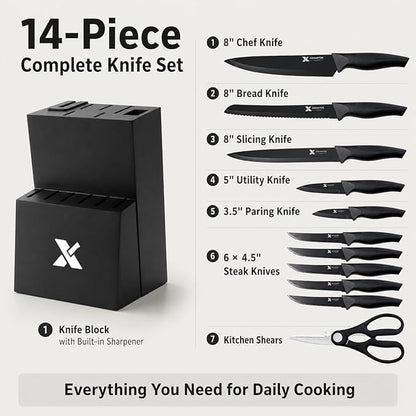 XANAPON Knife Set, 14 Pieces Kitchen Knife Set, High Carbon German Stainless Steel, Dishwasher Safe Cutlery with Built-in Knife Sharpener, Black