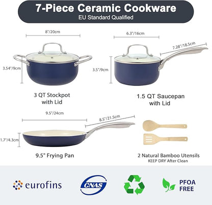 M MELENTA Pots and Pans Set, 7 Piece Nonstick Ceramic Cookware Set, Kitchen Induction Cookware Sets, Pots and Pans Non Stick with Oven Safe Handle, 100% PFOA Free, Blue