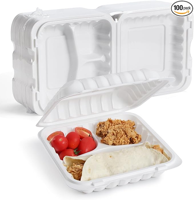 YANGRUI 100-Pack 40oz 9" 3-Compartment To Go Box Shrink Wrapped No Pre-Wash | Heavy Duty Mineral PP, Microwave Safe | Reusable Clamshell for Meal Prep, Takeout, Family Gatherings & Bulk Leftovers