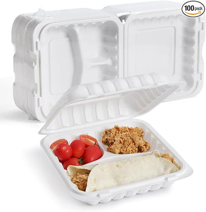 YANGRUI 100-Pack 40oz 9" 3-Compartment To Go Box Shrink Wrapped No Pre-Wash | Heavy Duty Mineral PP, Microwave Safe | Reusable Clamshell for Meal Prep, Takeout, Family Gatherings & Bulk Leftovers