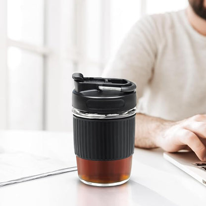 Sivaphe Reusable Glass Ice Hot Coffee Cup 12 oz, Portable Travel Mug with Spill-Proof Lid and Thermal Sleeve for Home Office Black