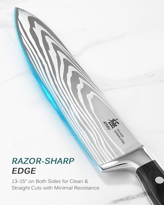 KYOKU 8" Chef Knife, Samurai Series Japanese Style Chef's Knife with Sharpening Stone, High Carbon Steel Kitchen Knife with Pakkawood Handle Mosaic Pin Gift Box for Meat Vegetable Fruit Chopping