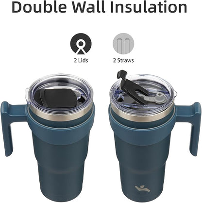 Konokyo 20 oz Tumbler with Handle and 2 Straw 2 Lid, Insulated Water Bottle Stainless Steel Vacuum Cup Reusable Travel Mug, Navy Blue