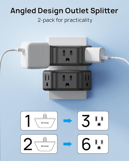 TROND 2 Pack Multi Plug Wall Outlet, 3 Way Angled Wall Outlet Extender, 3 Prong Plug Splitter, Cruise Essentials, Multiple Expander for Travel Home Hotel Dorm Room, Black