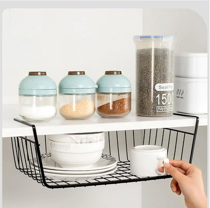 Under Shelf Storage Basket, Hanging shelf basket Slides Under Shelves for Storage Metal Under Cabinet Shelf Basket Organizer Space Saving for Kitchen Pantry Desk Bookshelf (Black Pack of 2)