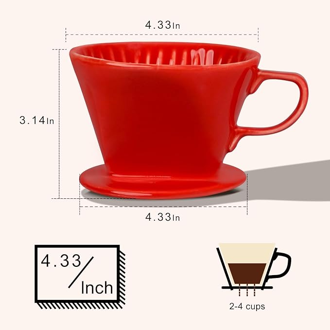 hailanbao Handmade Pour Over Ceramic Coffee Dripper - Authentic Brewing Experience for Camping, Office, and Home (Red)