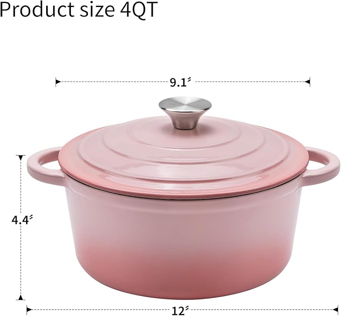 Enameled Cast Iron Dutch Oven - 4QT Pot with Lid,Oven Safe to 500°F,Heavy-Duty Cookware for Sourdough Bread Baking,Braising,Stews,Roasting Pink