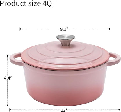 Enameled Cast Iron Dutch Oven - 4QT Pot with Lid,Oven Safe to 500°F,Heavy-Duty Cookware for Sourdough Bread Baking,Braising,Stews,Roasting Pink