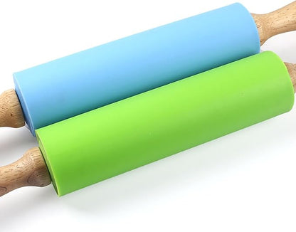 Green Rolling Pin, 11.4 Inch Silicon Rolling Pin with Wooden Handle for Kneading the Dough of Baking Bread, Pizza, Cookie, Noodles (green, 12 inch)