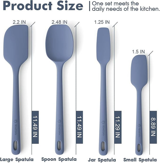 Set of four blue spatulas with measurements on a white background