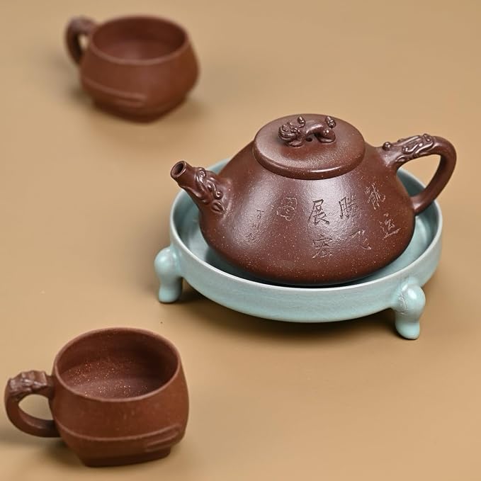 Handmade Zisha Teapot Set - Dragon Decorated Shi Piao Style, 300cc Teapot with 2x80cc Cups, Gift Box & Carry Bag, Purple Clay for Gongfu Tea