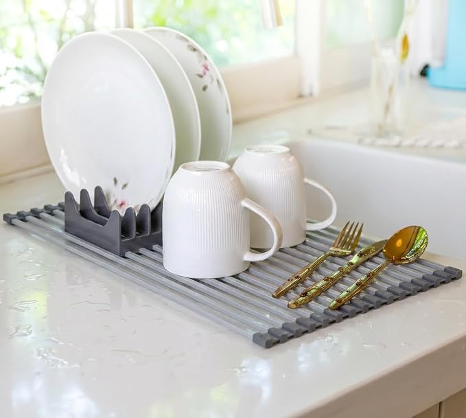 Medium Aluminum Roll Up Dish Drying Rack (17" x 13") - Fits Sinks up to 16 Inches, Heavy Duty Square Bar, Rust-Proof & Heat Resistant with Removable Dish Holder (Purple Gray Medium)