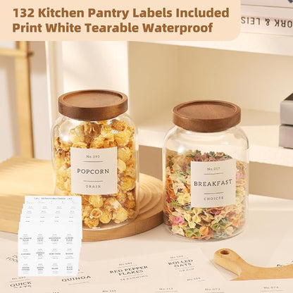 2 Pack Glass Food Storage Containers with Airtight Acacia Wood Lids and 132 Kitchen Pantey Labels Preprint - 43 LF OZ Borosilicate Glass Canister Sets for Food,Coffee,Cookie,Tea,Candy,Sugar