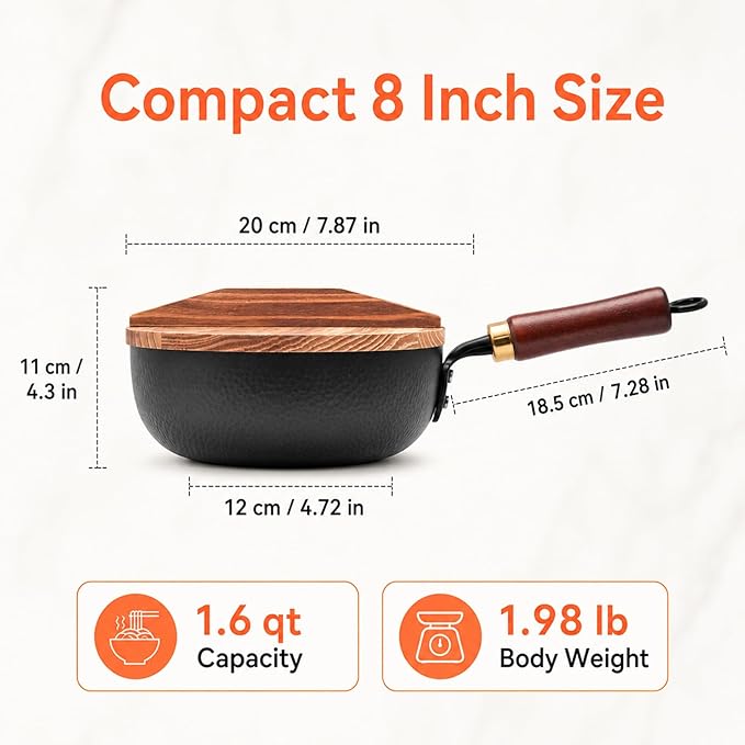 WANGYUANJI 8 Inch Carbon Steel Wok Pan with Lid, Small Hammered Flat Bottom Wok for 1–2 Servings, Removable Beechwood Handle, Coating-Free Stir Fry Pan for Gas, Electric & Induction Cooktops